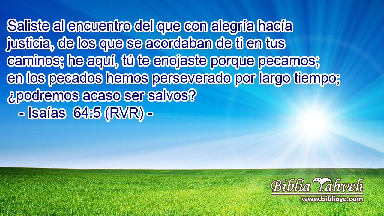 Saliste al encuentro del que con alegría hacía justicia, de los que se acordaban de ti en tus caminos; he aquí, tú te enojaste porque pecamos; en los pecados hemos perseverado por largo tiempo; ¿podremos acaso ser salvos?