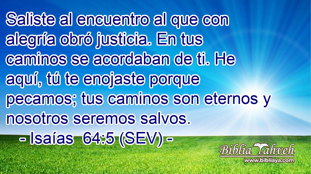Saliste al encuentro al que con alegría obró justicia. En tus caminos se acordaban de ti. He aquí, tú te enojaste porque pecamos; tus caminos son eternos y nosotros seremos salvos.