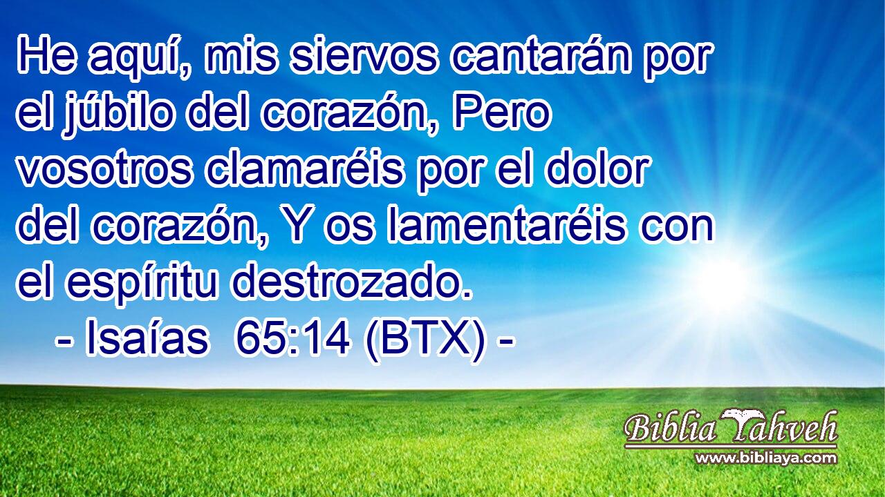 He aquí, mis siervos cantarán por el júbilo del corazón, Pero vosotros clamaréis por el dolor del corazón, Y os lamentaréis con el espíritu destrozado.