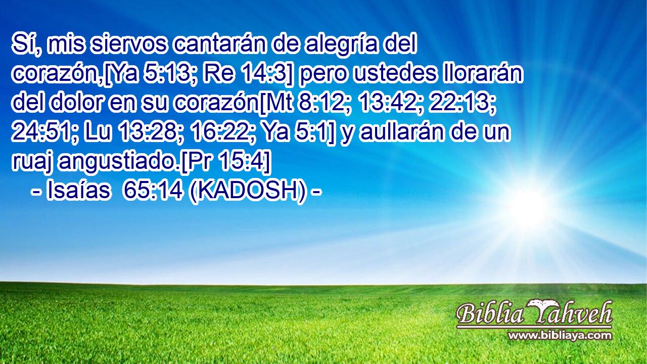  Sí, mis siervos cantarán de alegría del corazón,[Ya 5:13; Re 14:3] pero ustedes llorarán del dolor en su corazón[Mt 8:12; 13:42; 22:13; 24:51; Lu 13:28; 16:22; Ya 5:1] y aullarán de un ruaj angustiado.[Pr 15:4] 
