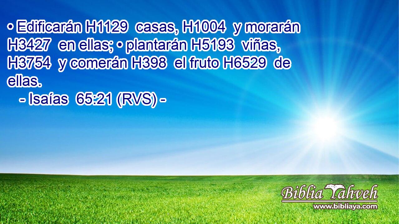 • Edificarán H1129  casas, H1004  y morarán H3427  en ellas; • plantarán H5193  viñas, H3754  y comerán H398  el fruto H6529  de ellas. 