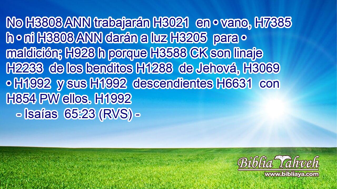 No H3808 ANN trabajarán H3021  en • vano, H7385 h • ni H3808 ANN darán a luz H3205  para • maldición; H928 h porque H3588 CK son linaje H2233  de los benditos H1288  de Jehová, H3069  • H1992  y sus H1992  descendientes H6631  con H854 PW ellos. H1992  