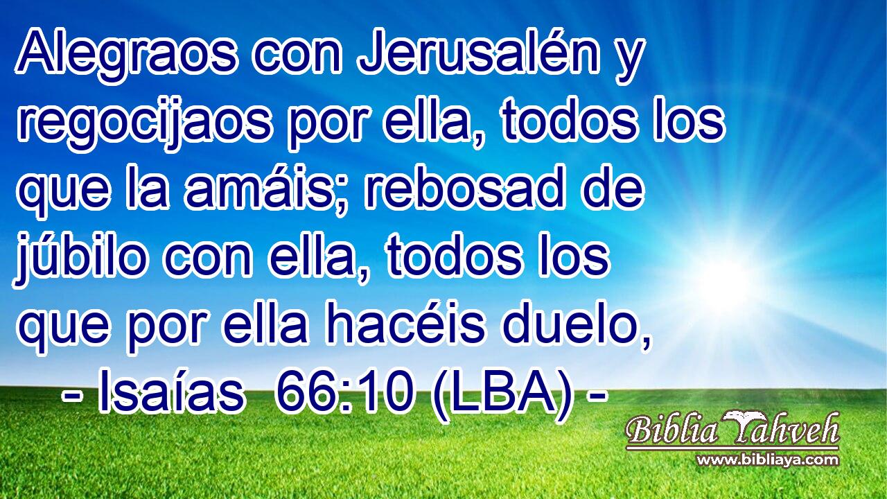 Alegraos con Jerusalén y regocijaos por ella, todos los que la amáis; rebosad de júbilo con ella, todos los que por ella hacéis duelo,