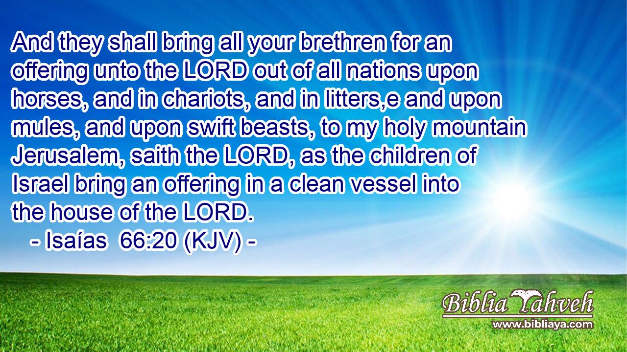And they shall bring all your brethren for an offering unto the LORD out of all nations upon horses, and in chariots, and in litters,e and upon mules, and upon swift beasts, to my holy mountain Jerusalem, saith the LORD, as the children of Israel bring an offering in a clean vessel into the house of the LORD.