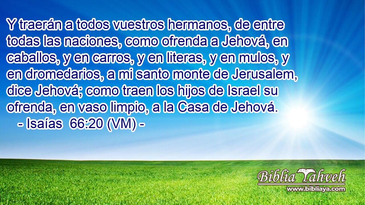  Y traerán a todos vuestros hermanos, de entre todas las naciones, como ofrenda a Jehová, en caballos, y en carros, y en literas, y en mulos, y en dromedarios, a mi santo monte de Jerusalem, dice Jehová; como traen los hijos de Israel su ofrenda, en vaso limpio, a la Casa de Jehová. 
