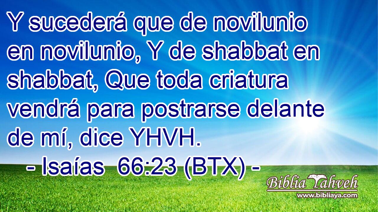 Y sucederá que de novilunio en novilunio, Y de shabbat en shabbat, Que toda criatura vendrá para postrarse delante de mí, dice YHVH.