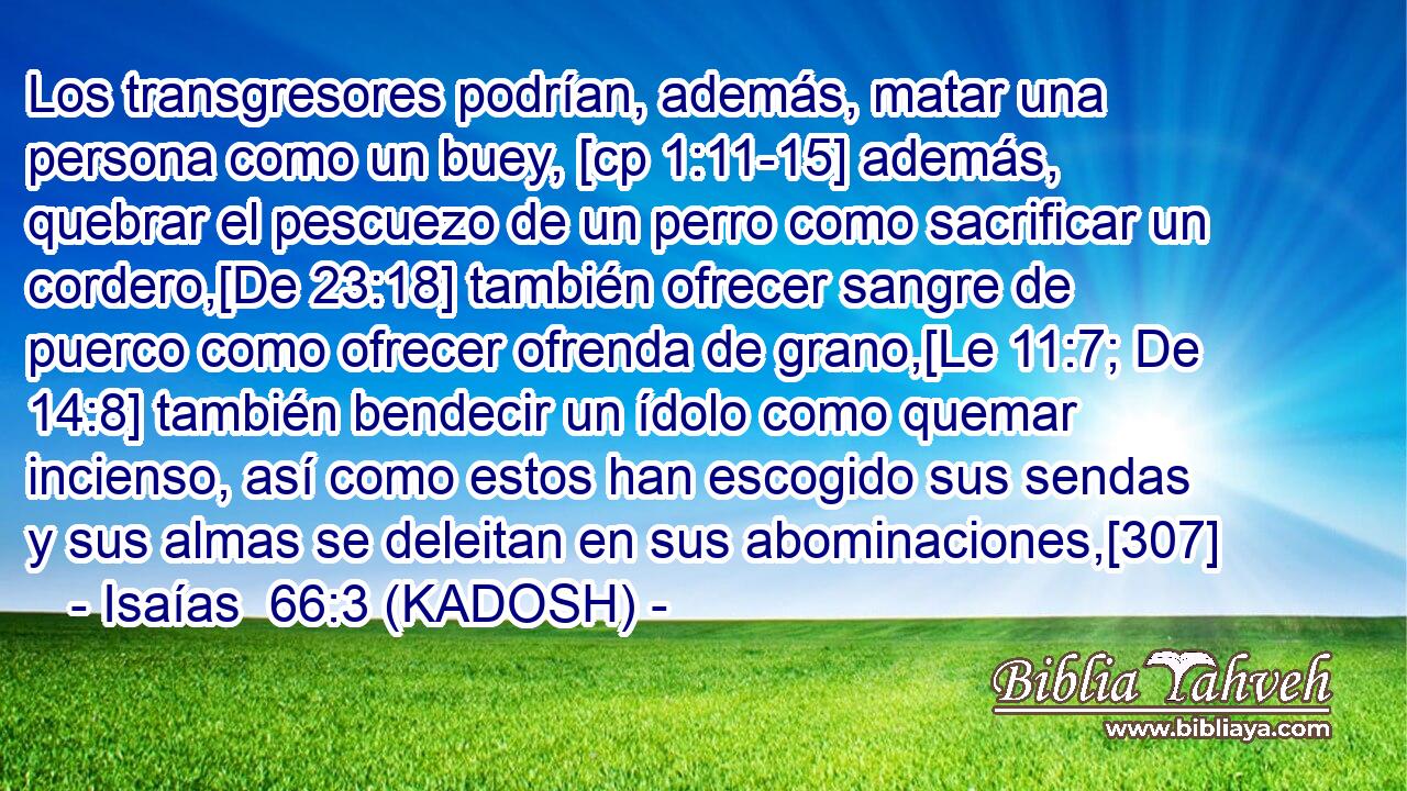  Los transgresores podrían, además, matar una persona como un buey, [cp 1:11-15] además, quebrar el pescuezo de un perro como sacrificar un cordero,[De 23:18] también ofrecer sangre de puerco como ofrecer ofrenda de grano,[Le 11:7; De 14:8] también bendecir un ídolo como quemar incienso, así como estos han escogido sus sendas y sus almas se deleitan en sus abominaciones,[307] 