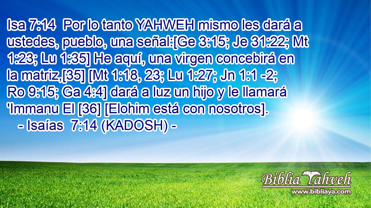  Por lo tanto YAHWEH mismo les dará a ustedes, pueblo, una señal:[Ge 3:15; Je 31:22; Mt 1:23; Lu 1:35] He aquí, una virgen concebirá en la matriz,[35] [Mt 1:18, 23; Lu 1:27; Jn 1:1 -2; Ro 9:15; Ga 4:4] dará a luz un hijo y le llamará 'Immanu El [36] [Elohim está con nosotros]. 