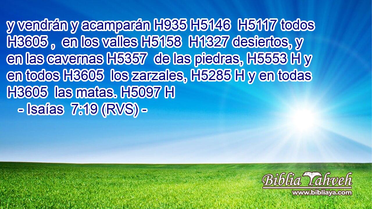 y vendrán y acamparán H935 H5146  H5117 todos H3605 ,  en los valles H5158  H1327 desiertos, y en las cavernas H5357  de las piedras, H5553 H y en todos H3605  los zarzales, H5285 H y en todas H3605  las matas. H5097 H 