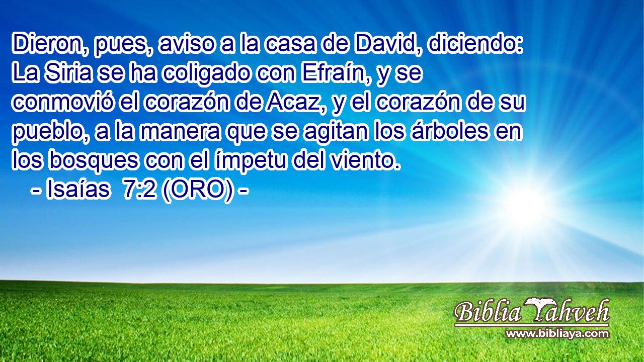  Dieron, pues, aviso a la casa de David, diciendo: La Siria se ha coligado con Efraín, y se conmovió el corazón de Acaz, y el corazón de su pueblo, a la manera que se agitan los árboles en los bosques con el ímpetu del viento. 