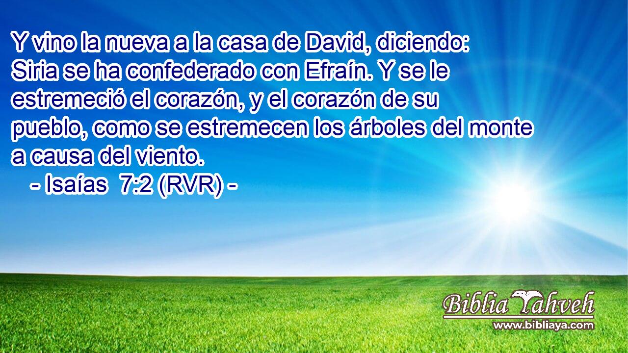 Y vino la nueva a la casa de David, diciendo: Siria se ha confederado con Efraín. Y se le estremeció el corazón, y el corazón de su pueblo, como se estremecen los árboles del monte a causa del viento.