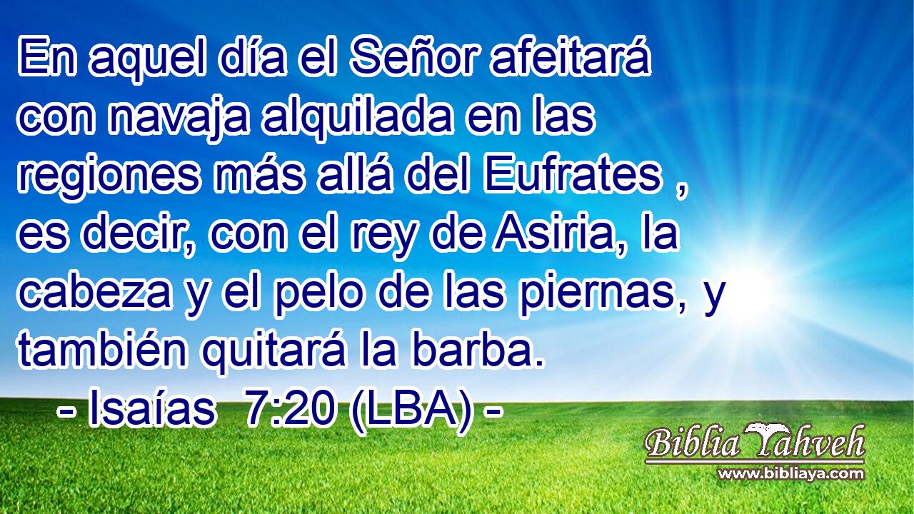 En aquel día el Señor afeitará con navaja alquilada en las regiones más allá del Eufrates , es decir, con el rey de Asiria, la cabeza y el pelo de las piernas, y también quitará la barba.