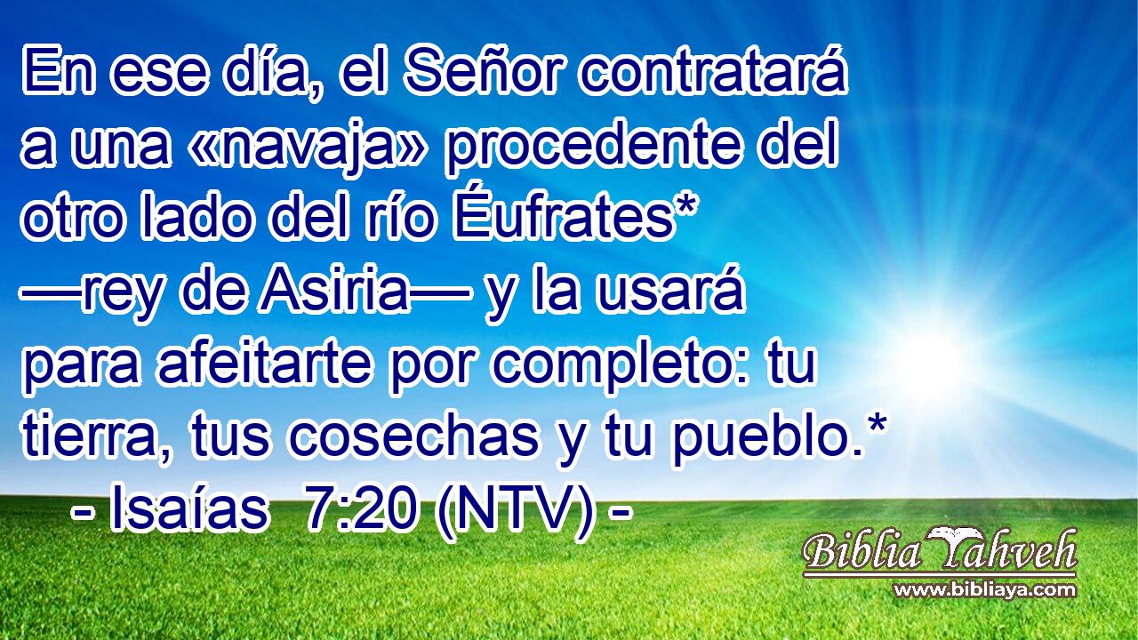 En ese día, el Señor contratará a una «navaja» procedente del otro lado del río Éufrates* —rey de Asiria— y la usará para afeitarte por completo: tu tierra, tus cosechas y tu pueblo.*