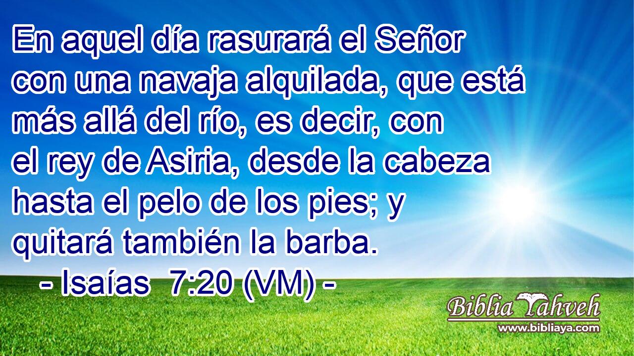  En aquel día rasurará el Señor con una navaja alquilada, que está más allá del río, es decir, con el rey de Asiria, desde la cabeza hasta el pelo de los pies; y quitará también la barba. 