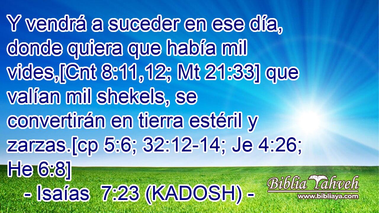  Y vendrá a suceder en ese día, donde quiera que había mil vides,[Cnt 8:11,12; Mt 21:33] que valían mil shekels, se convertirán en tierra estéril y zarzas.[cp 5:6; 32:12-14; Je 4:26; He 6:8] 
