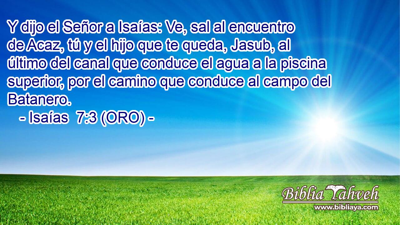  Y dijo el Señor a Isaías: Ve, sal al encuentro de Acaz, tú y el hijo que te queda, Jasub, al último del canal que conduce el agua a la piscina superior, por el camino que conduce al campo del Batanero. 