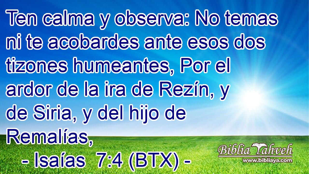 Ten calma y observa: No temas ni te acobardes ante esos dos tizones humeantes, Por el ardor de la ira de Rezín, y de Siria, y del hijo de Remalías,