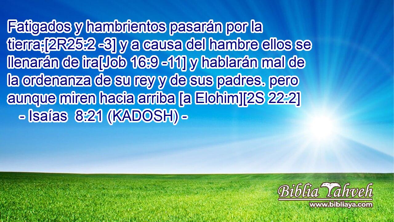  Fatigados y hambrientos pasarán por la tierra;[2R25:2 -3] y a causa del hambre ellos se llenarán de ira[Job 16:9 -11] y hablarán mal de la ordenanza de su rey y de sus padres. pero aunque miren hacia arriba [a Elohim][2S 22:2] 