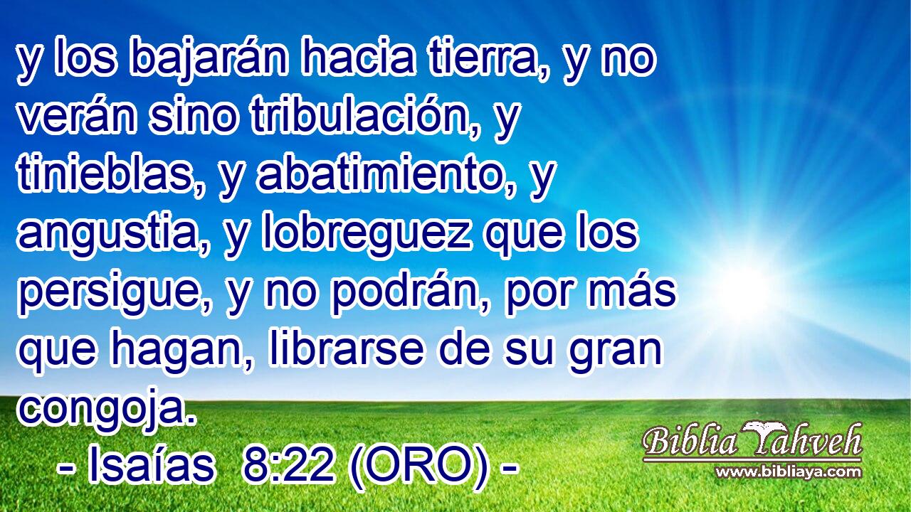  y los bajarán hacia tierra, y no verán sino tribulación, y tinieblas, y abatimiento, y angustia, y lobreguez que los persigue, y no podrán, por más que hagan, librarse de su gran congoja. 