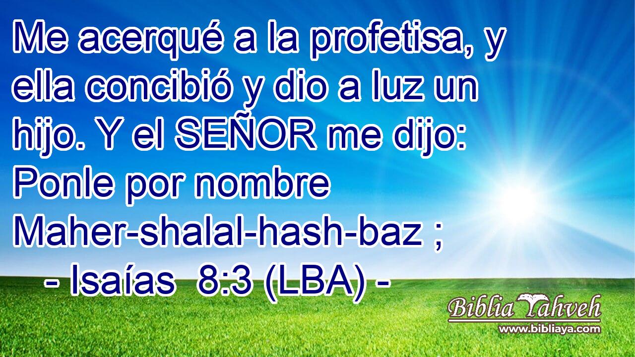 Me acerqué a la profetisa, y ella concibió y dio a luz un hijo. Y el SEÑOR me dijo: Ponle por nombre Maher-shalal-hash-baz ;