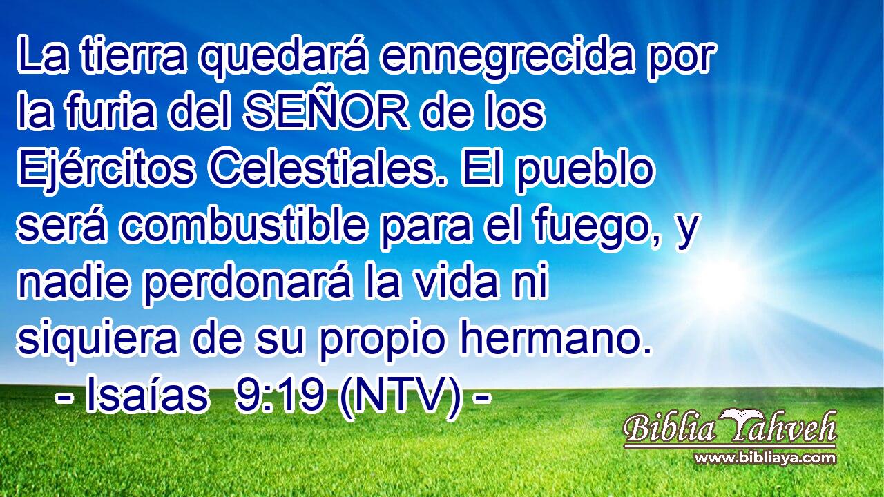 La tierra quedará ennegrecida por la furia del SEÑOR de los Ejércitos Celestiales. El pueblo será combustible para el fuego, y nadie perdonará la vida ni siquiera de su propio hermano.
