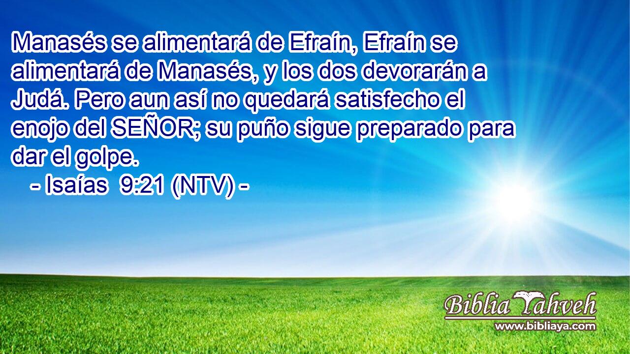 Manasés se alimentará de Efraín, Efraín se alimentará de Manasés, y los dos devorarán a Judá. Pero aun así no quedará satisfecho el enojo del SEÑOR; su puño sigue preparado para dar el golpe.