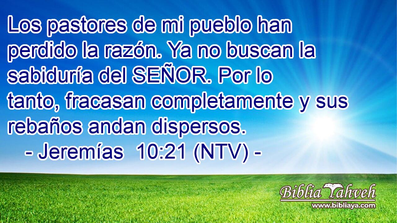 Los pastores de mi pueblo han perdido la razón. Ya no buscan la sabiduría del SEÑOR. Por lo tanto, fracasan completamente y sus rebaños andan dispersos.