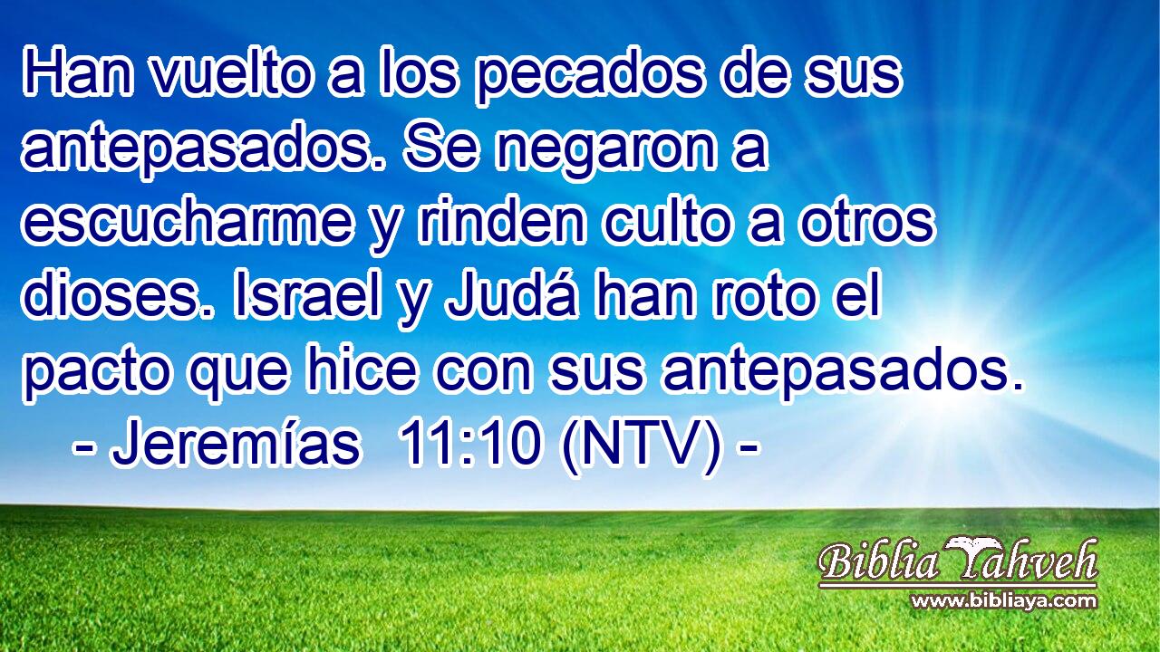 Han vuelto a los pecados de sus antepasados. Se negaron a escucharme y rinden culto a otros dioses. Israel y Judá han roto el pacto que hice con sus antepasados.