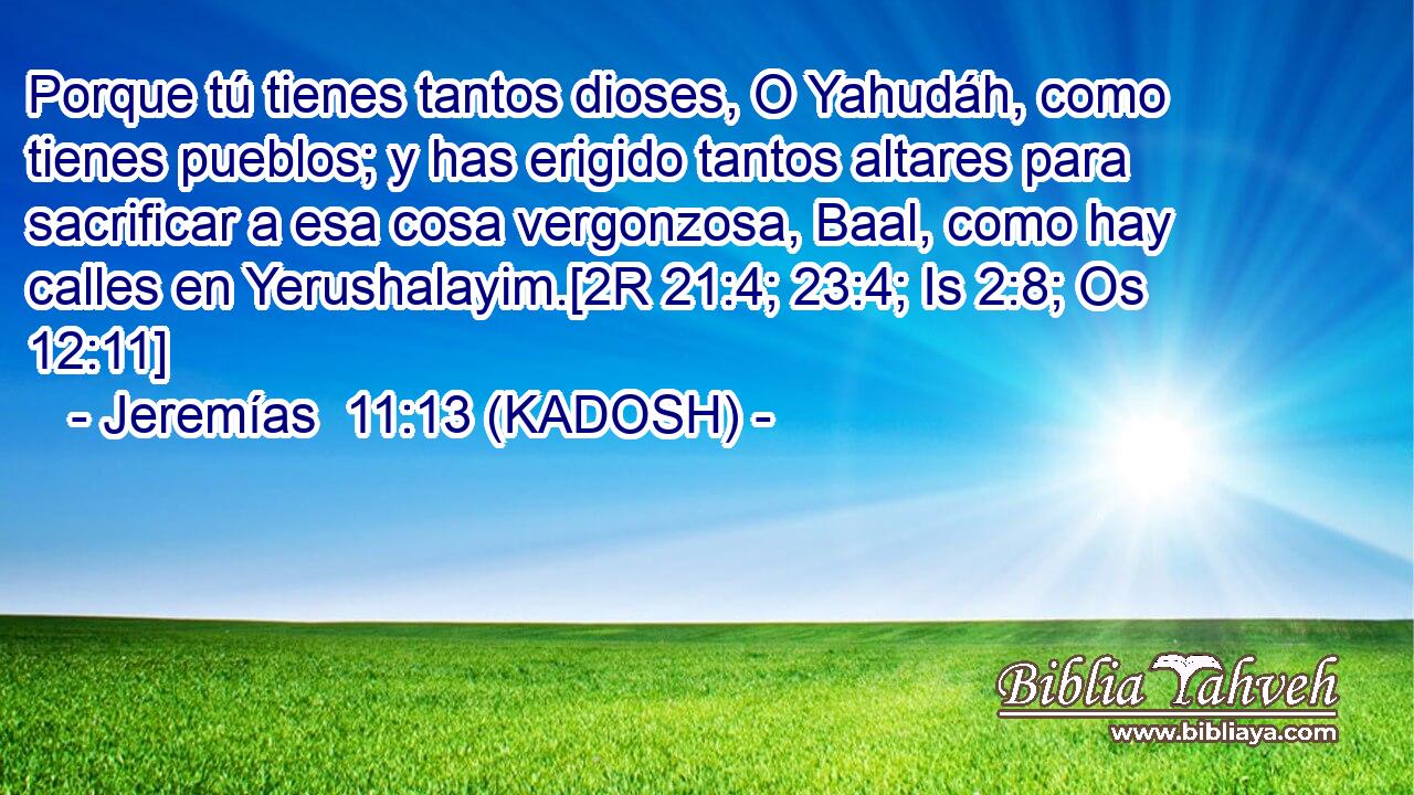  Porque tú tienes tantos dioses, O Yahudáh, como tienes pueblos; y has erigido tantos altares para sacrificar a esa cosa vergonzosa, Baal, como hay calles en Yerushalayim.[2R 21:4; 23:4; Is 2:8; Os 12:11] 
