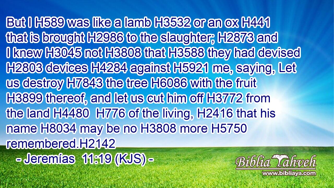 But I H589 was like a lamb H3532 or an ox H441 that is brought H2986 to the slaughter; H2873 and I knew H3045 not H3808 that H3588 they had devised H2803 devices H4284 against H5921 me, saying, Let us destroy H7843 the tree H6086 with the fruit H3899 thereof, and let us cut him off H3772 from the land H4480  H776 of the living, H2416 that his name H8034 may be no H3808 more H5750 remembered.H2142