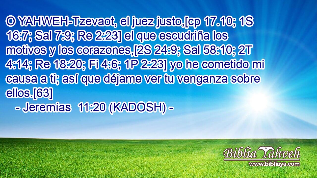  O YAHWEH-Tzevaot, el juez justo,[cp 17.10; 1S 16:7; Sal 7:9; Re 2:23] el que escudriña los motivos y los corazones,[2S 24:9; Sal 58:10; 2T 4:14; Re 18:20; Fi 4:6; 1P 2:23] yo he cometido mi causa a ti; así que déjame ver tu venganza sobre ellos.[63] 