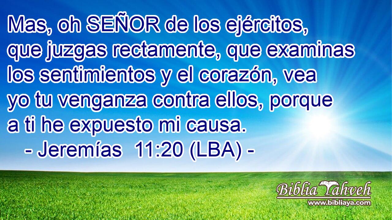 Mas, oh SEÑOR de los ejércitos, que juzgas rectamente, que examinas los sentimientos y el corazón, vea yo tu venganza contra ellos, porque a ti he expuesto mi causa.