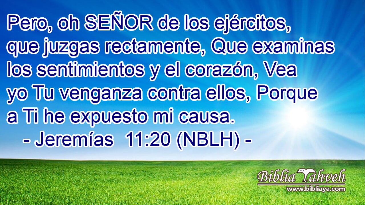  Pero, oh SEÑOR de los ejércitos, que juzgas rectamente, Que examinas los sentimientos y el corazón, Vea yo Tu venganza contra ellos, Porque a Ti he expuesto mi causa. 