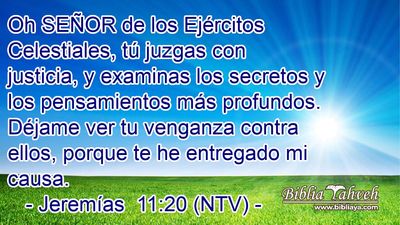 Oh SEÑOR de los Ejércitos Celestiales, tú juzgas con justicia, y examinas los secretos y los pensamientos más profundos. Déjame ver tu venganza contra ellos, porque te he entregado mi causa.