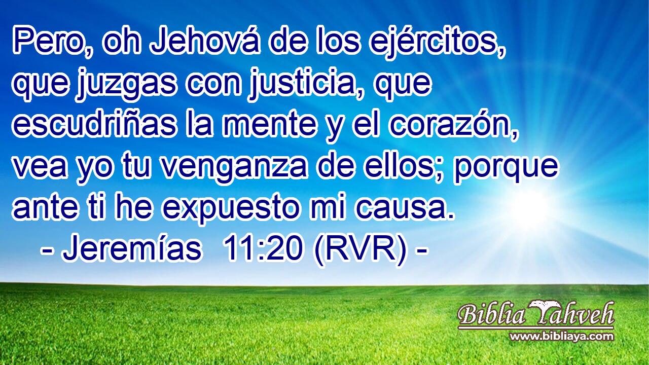 Pero, oh Jehová de los ejércitos, que juzgas con justicia, que escudriñas la mente y el corazón, vea yo tu venganza de ellos; porque ante ti he expuesto mi causa.