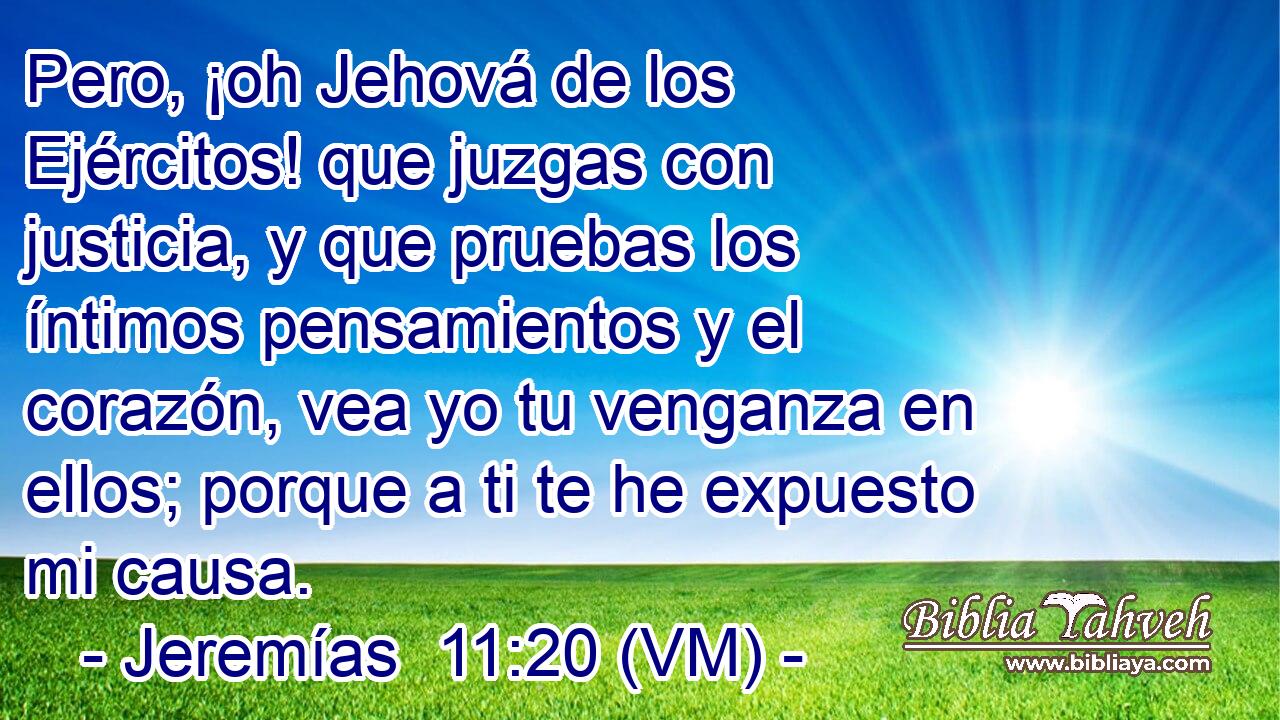  Pero, ¡oh Jehová de los Ejércitos! que juzgas con justicia, y que pruebas los íntimos pensamientos y el corazón, vea yo tu venganza en ellos; porque a ti te he expuesto mi causa. 