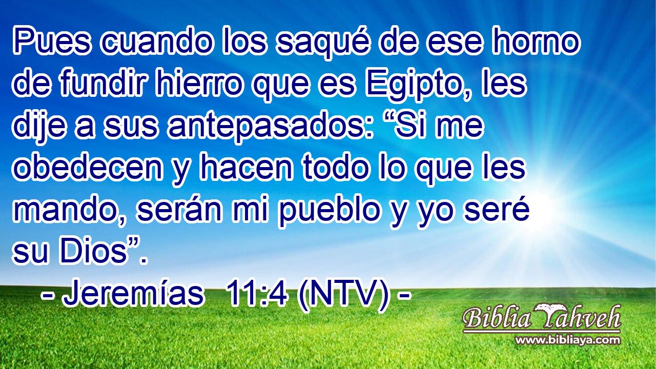 Pues cuando los saqué de ese horno de fundir hierro que es Egipto, les dije a sus antepasados: “Si me obedecen y hacen todo lo que les mando, serán mi pueblo y yo seré su Dios”.