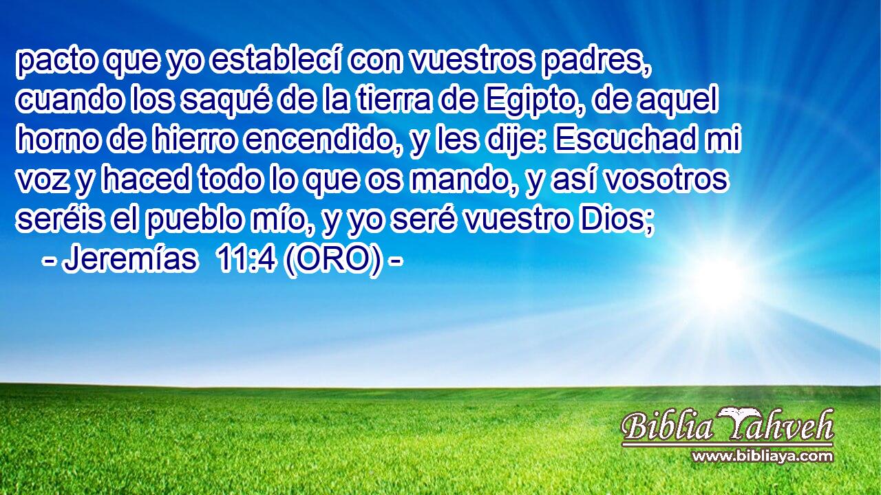  pacto que yo establecí con vuestros padres, cuando los saqué de la tierra de Egipto, de aquel horno de hierro encendido, y les dije: Escuchad mi voz y haced todo lo que os mando, y así vosotros seréis el pueblo mío, y yo seré vuestro Dios; 