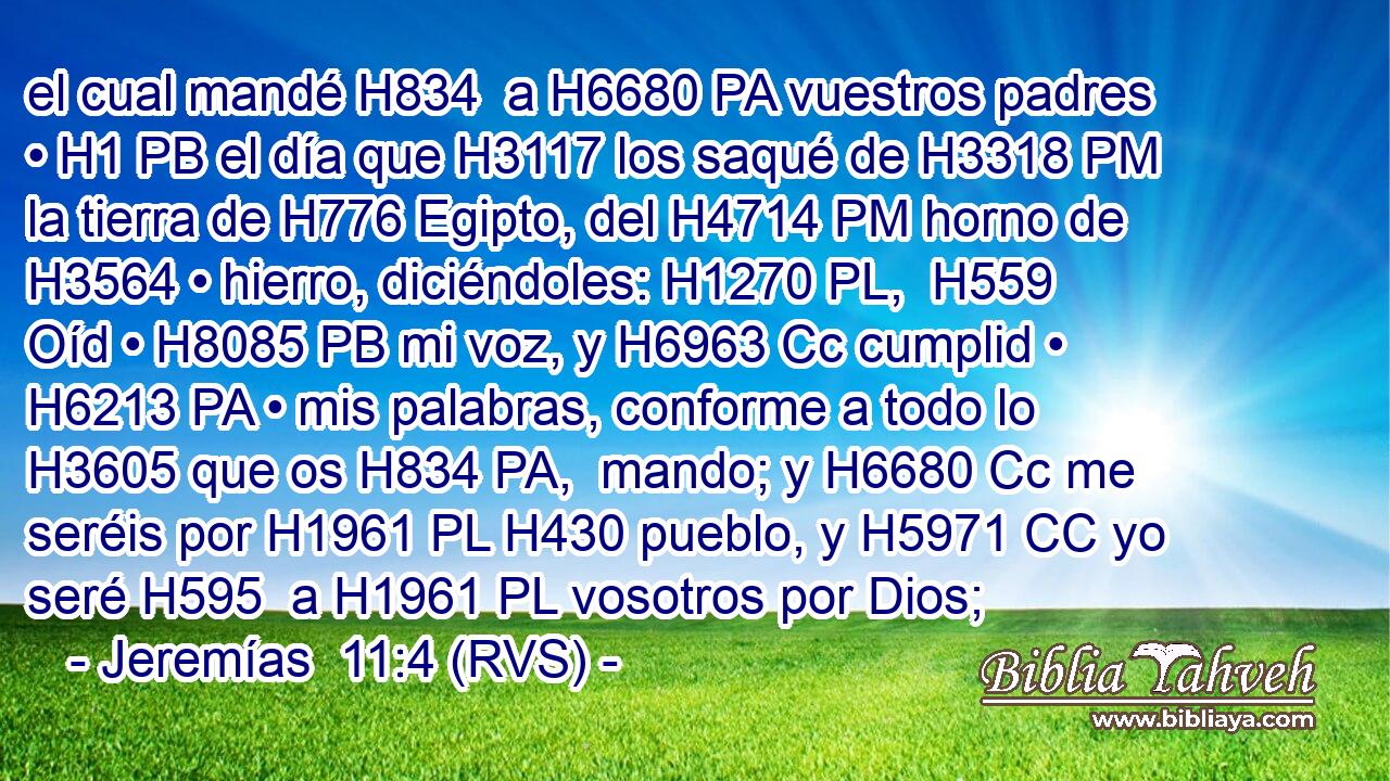 el cual mandé H834  a H6680 PA vuestros padres • H1 PB el día que H3117 los saqué de H3318 PM la tierra de H776 Egipto, del H4714 PM horno de H3564 • hierro, diciéndoles: H1270 PL,  H559 Oíd • H8085 PB mi voz, y H6963 Cc cumplid • H6213 PA • mis palabras, conforme a todo lo H3605 que os H834 PA,  mando; y H6680 Cc me seréis por H1961 PL H430 pueblo, y H5971 CC yo seré H595  a H1961 PL vosotros por Dios; 