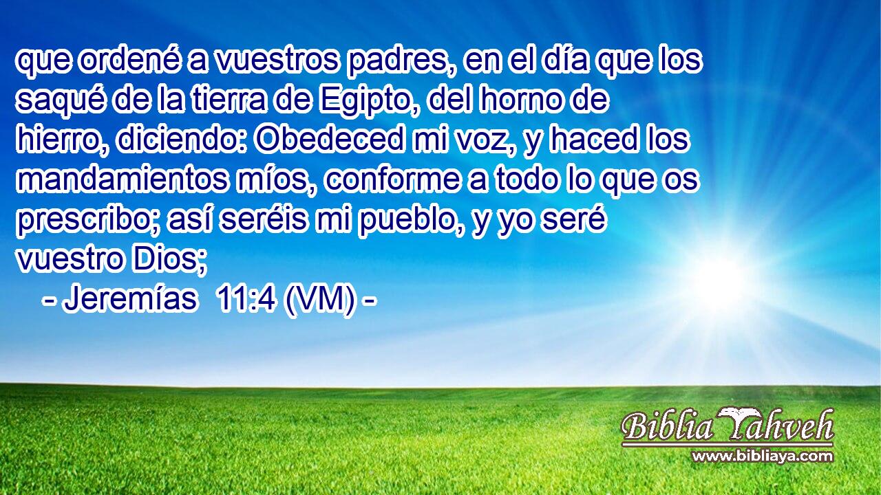  que ordené a vuestros padres, en el día que los saqué de la tierra de Egipto, del horno de hierro, diciendo: Obedeced mi voz, y haced los  mandamientos míos, conforme a todo lo que os prescribo; así seréis mi pueblo, y yo seré vuestro Dios; 