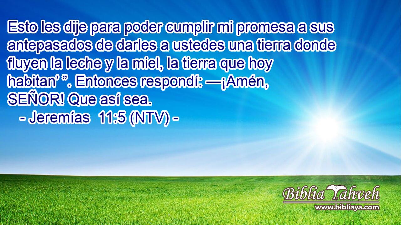 Esto les dije para poder cumplir mi promesa a sus antepasados de darles a ustedes una tierra donde fluyen la leche y la miel, la tierra que hoy habitan’ ”. Entonces respondí: —¡Amén, SEÑOR! Que así sea.