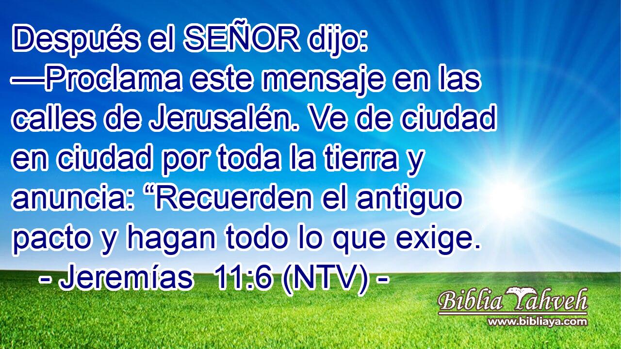 Después el SEÑOR dijo: —Proclama este mensaje en las calles de Jerusalén. Ve de ciudad en ciudad por toda la tierra y anuncia: “Recuerden el antiguo pacto y hagan todo lo que exige.
