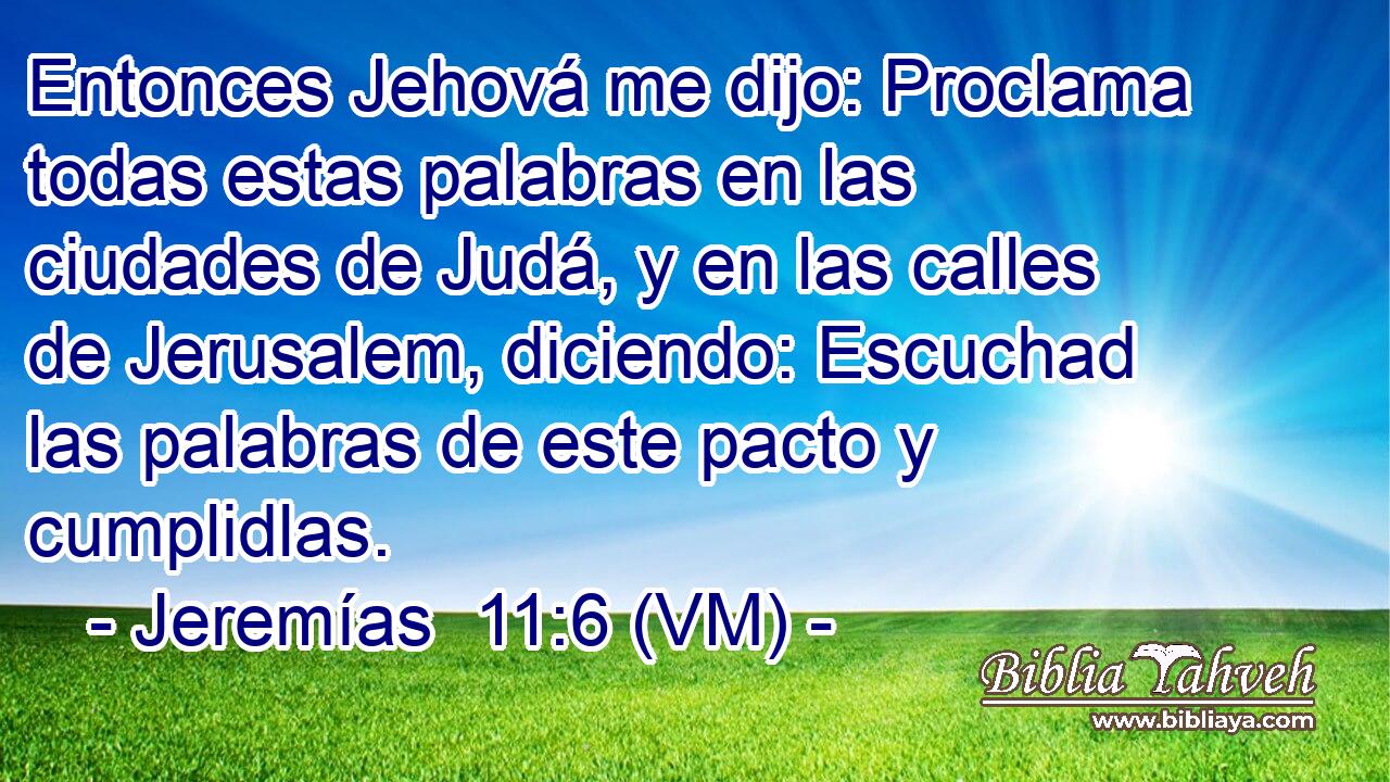  Entonces Jehová me dijo: Proclama todas estas palabras en las ciudades de Judá, y en las calles de Jerusalem, diciendo: Escuchad las palabras de este pacto y cumplidlas. 