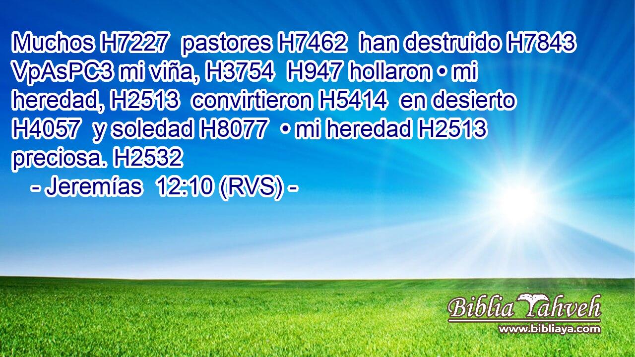 Muchos H7227  pastores H7462  han destruido H7843 VpAsPC3 mi viña, H3754  H947 hollaron • mi heredad, H2513  convirtieron H5414  en desierto H4057  y soledad H8077  • mi heredad H2513  preciosa. H2532  