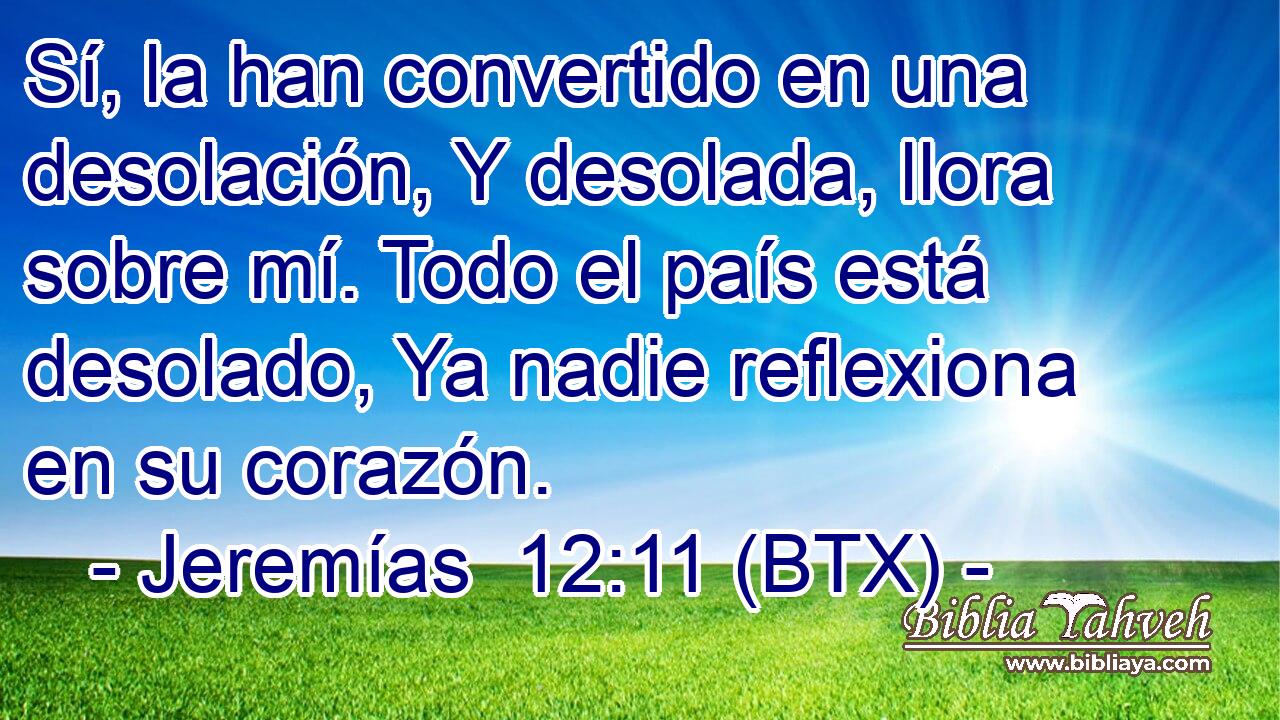 Sí, la han convertido en una desolación, Y desolada, llora sobre mí. Todo el país está desolado, Ya nadie reflexiona en su corazón.