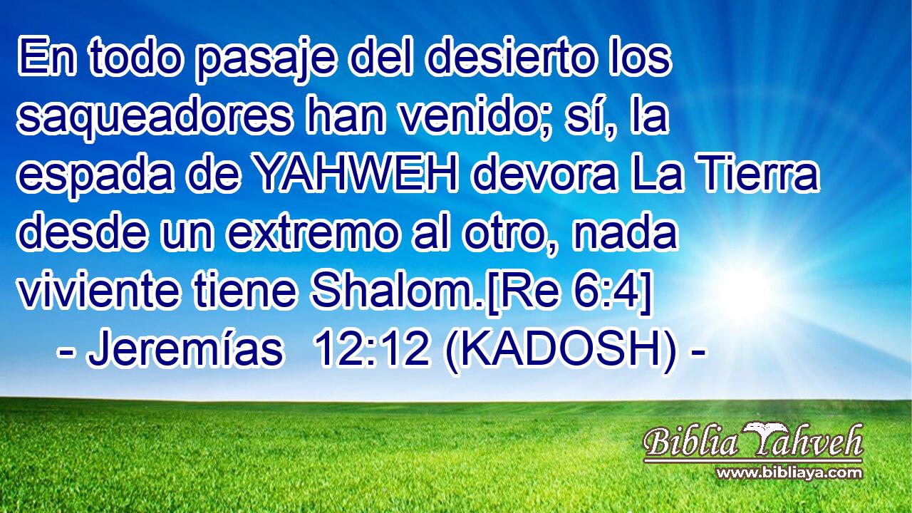  En todo pasaje del desierto los saqueadores han venido; sí, la espada de YAHWEH devora La Tierra desde un extremo al otro, nada viviente tiene Shalom.[Re 6:4] 
