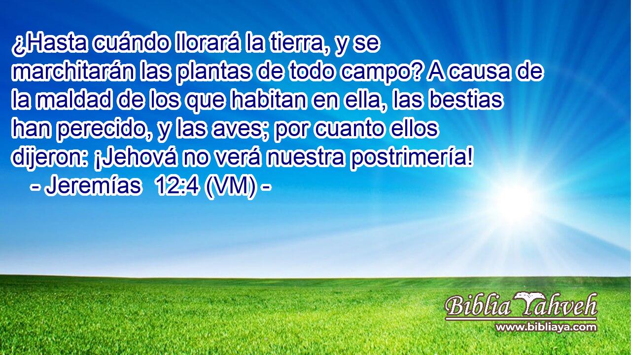  ¿Hasta cuándo llorará la tierra, y se marchitarán las plantas de todo campo? A causa de la maldad de los que habitan en ella, las bestias han perecido, y las aves; por cuanto ellos dijeron: ¡Jehová no verá nuestra postrimería! 