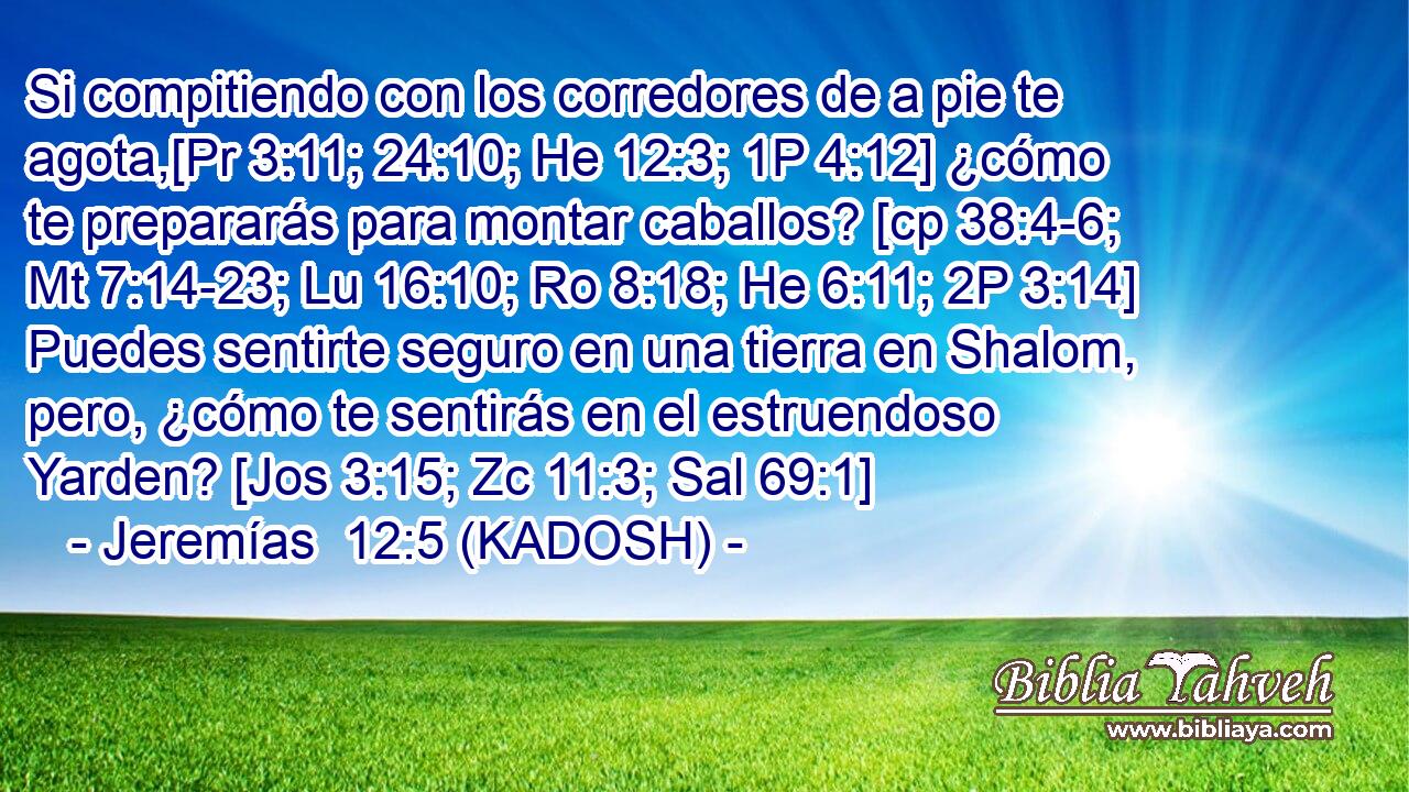  Si compitiendo con los corredores de a pie te agota,[Pr 3:11; 24:10; He 12:3; 1P 4:12] ¿cómo te prepararás para montar caballos? [cp 38:4-6; Mt 7:14-23; Lu 16:10; Ro 8:18; He 6:11; 2P 3:14] Puedes sentirte seguro en una tierra en Shalom, pero, ¿cómo te sentirás en el estruendoso Yarden? [Jos 3:15; Zc 11:3; Sal 69:1] 