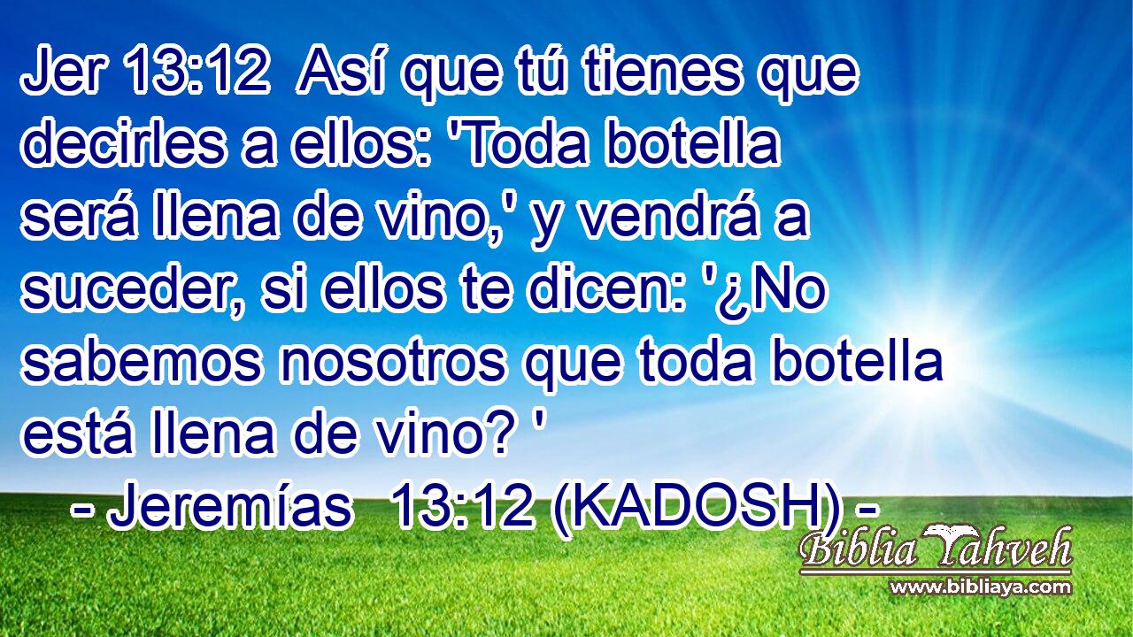  Así que tú tienes que decirles a ellos: 'Toda botella será llena de vino,' y vendrá a suceder, si ellos te dicen: '¿No sabemos nosotros que toda botella está llena de vino? ' 