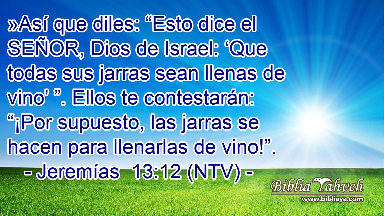 »Así que diles: “Esto dice el SEÑOR, Dios de Israel: ‘Que todas sus jarras sean llenas de vino’ ”. Ellos te contestarán: “¡Por supuesto, las jarras se hacen para llenarlas de vino!”.